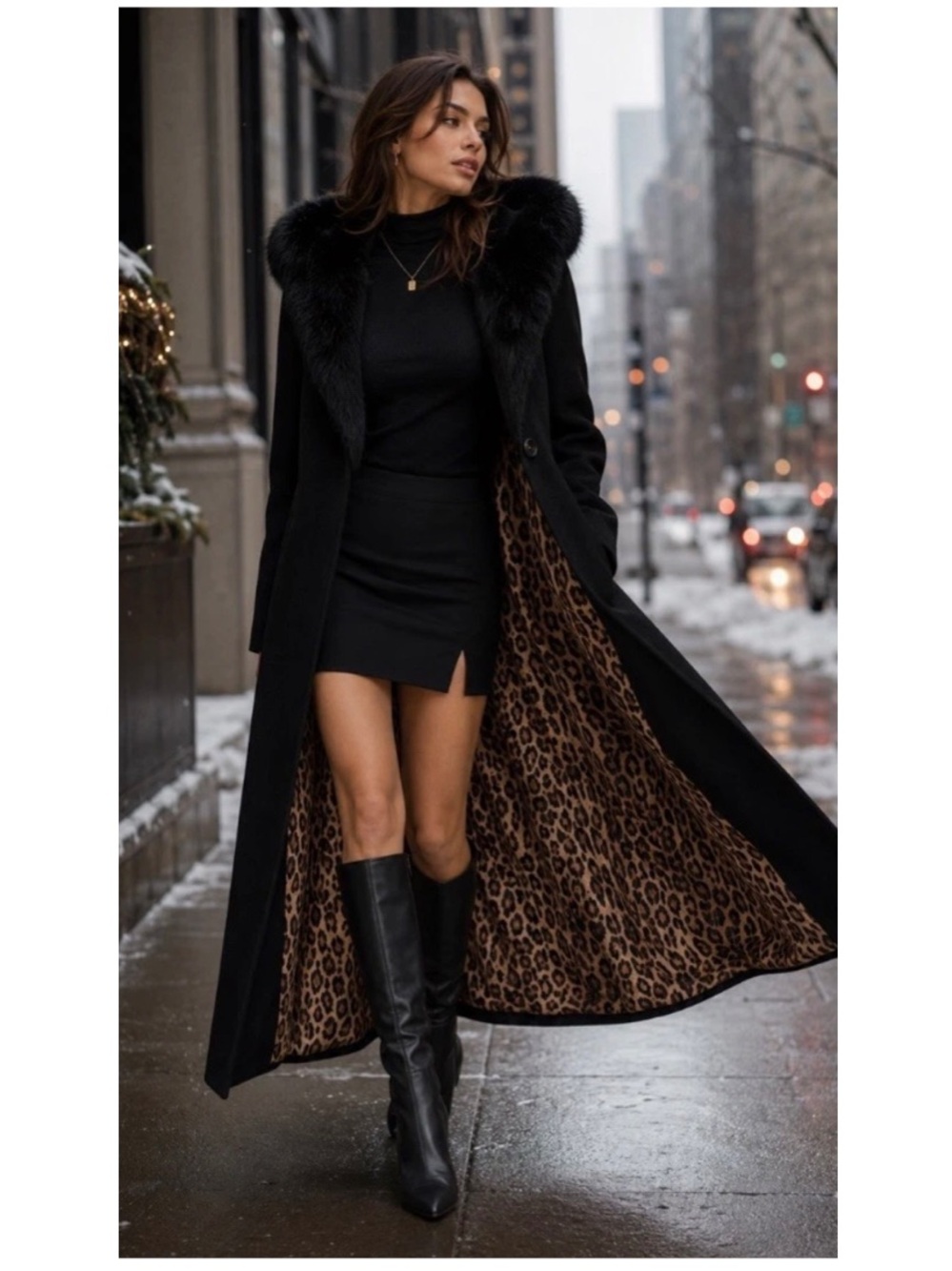🧑‍🎄 VTG Express Black Faux Fur Hood Maxi Coat Leopard Lined Old Hollywood Glam S